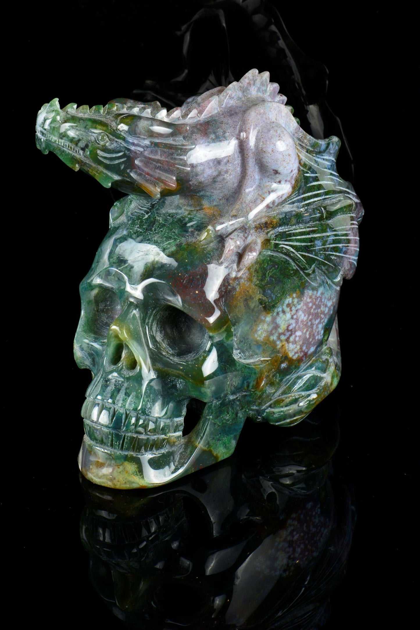 Moss Agate Dragon on Skull