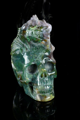 Moss Agate Dragon on Skull