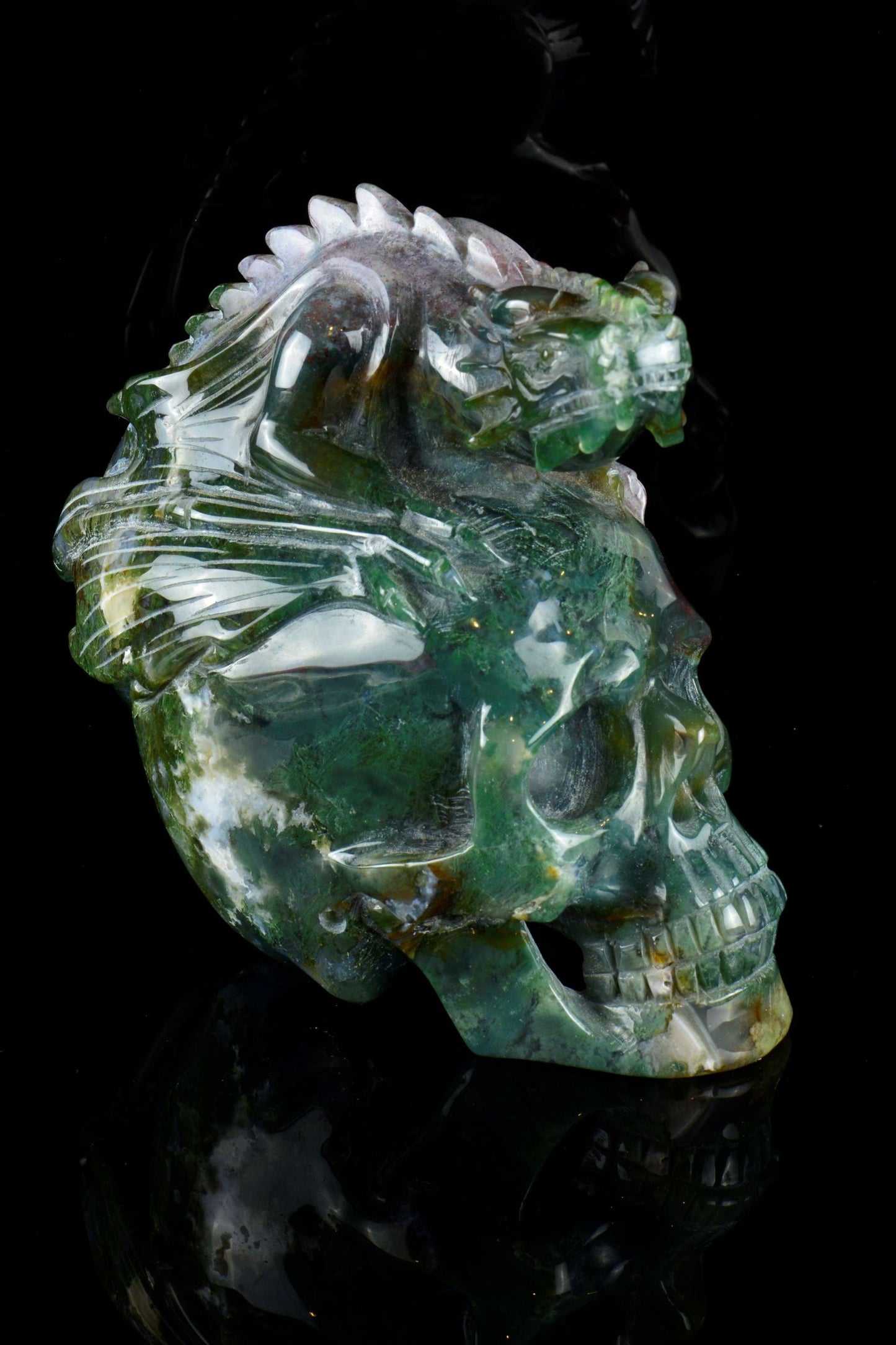 Moss Agate Dragon on Skull