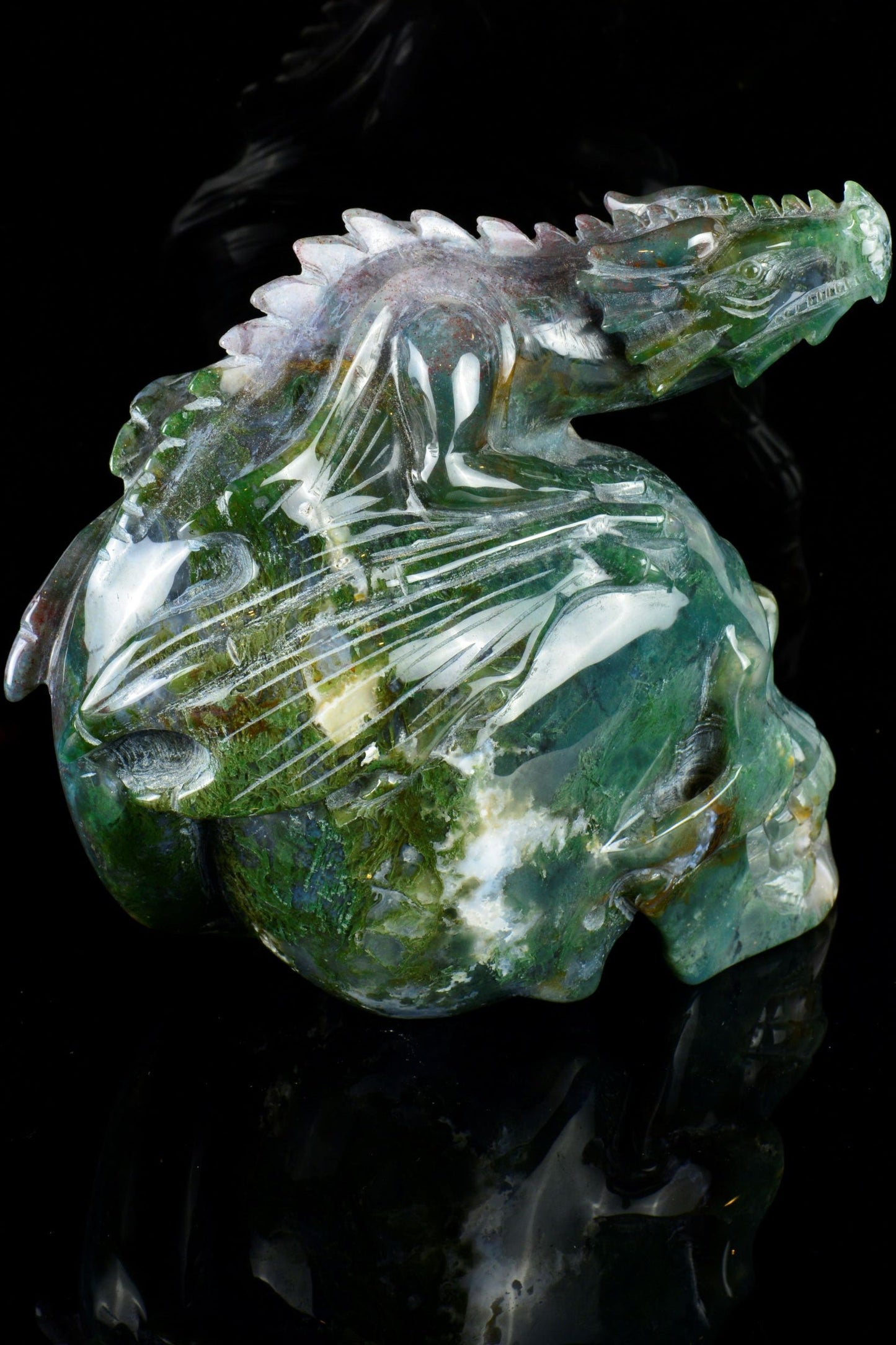 Moss Agate Dragon on Skull