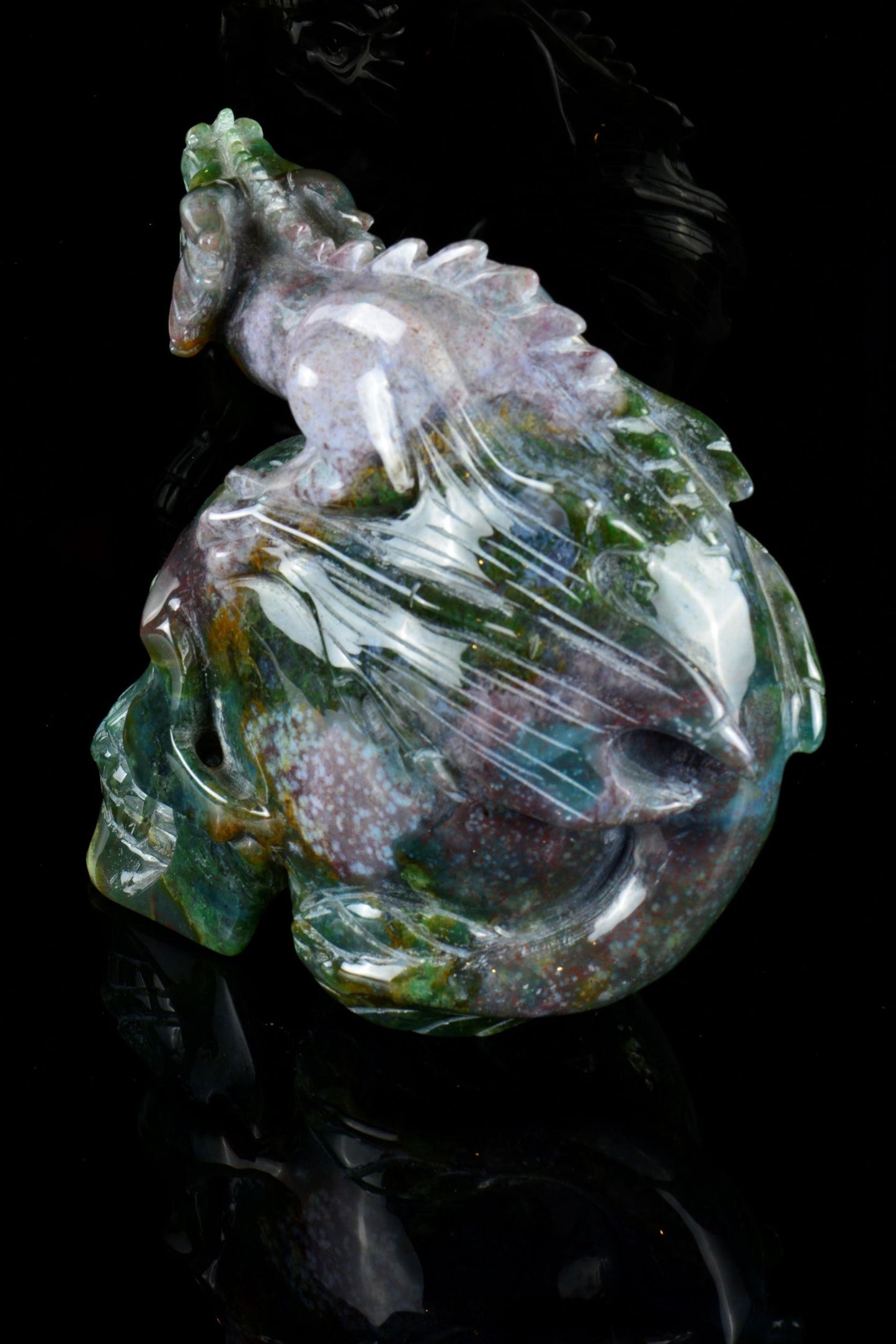 Moss Agate Dragon on Skull