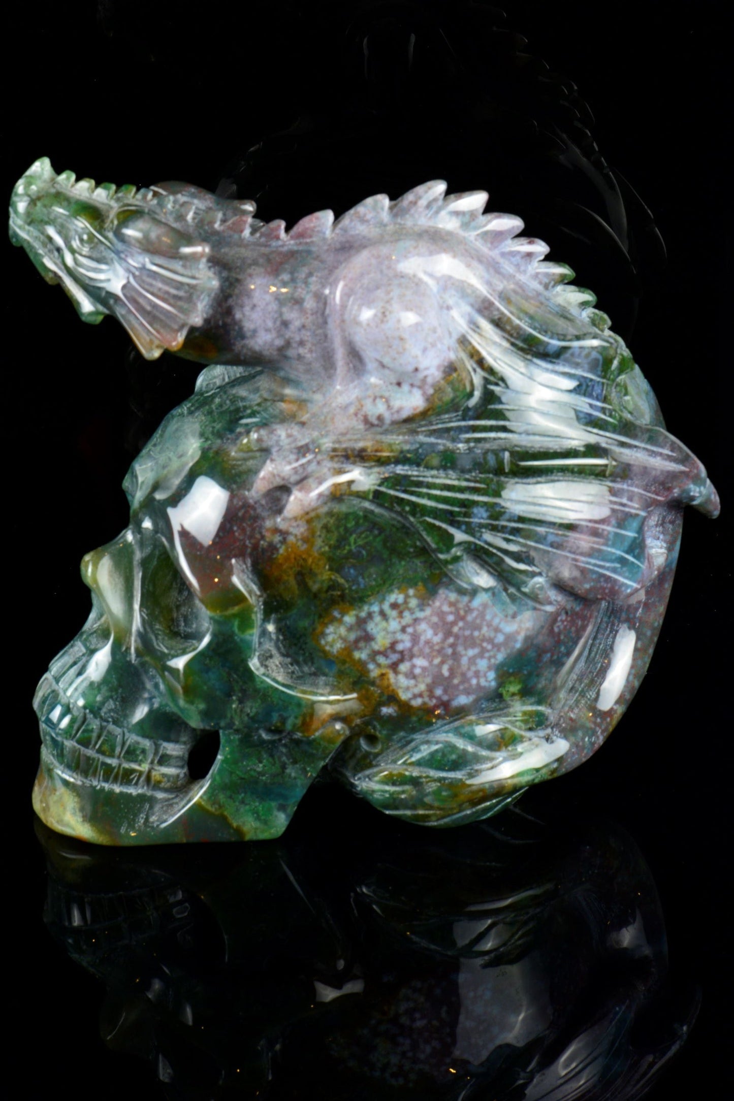 Moss Agate Dragon on Skull