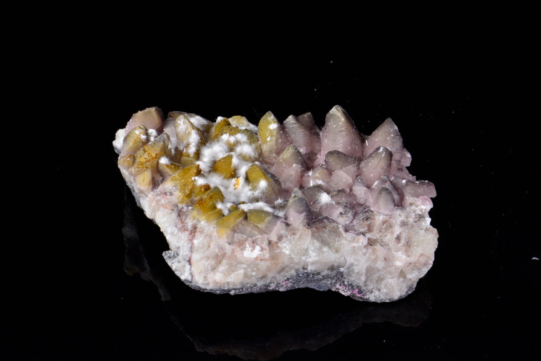 White Picropharmacolite on Pink Dogtooth Calcite